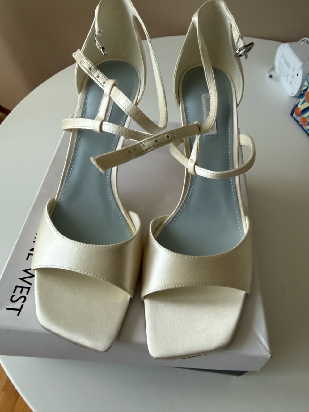 Nine West Cream Strappy Square-Toe Heels